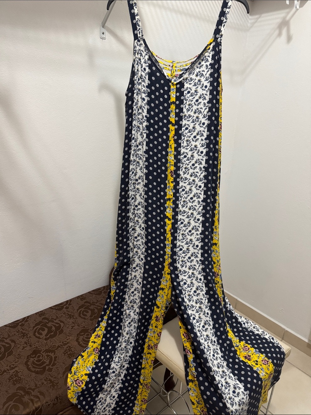 Navy, White & Yellow Striped Floral Maxi Dress